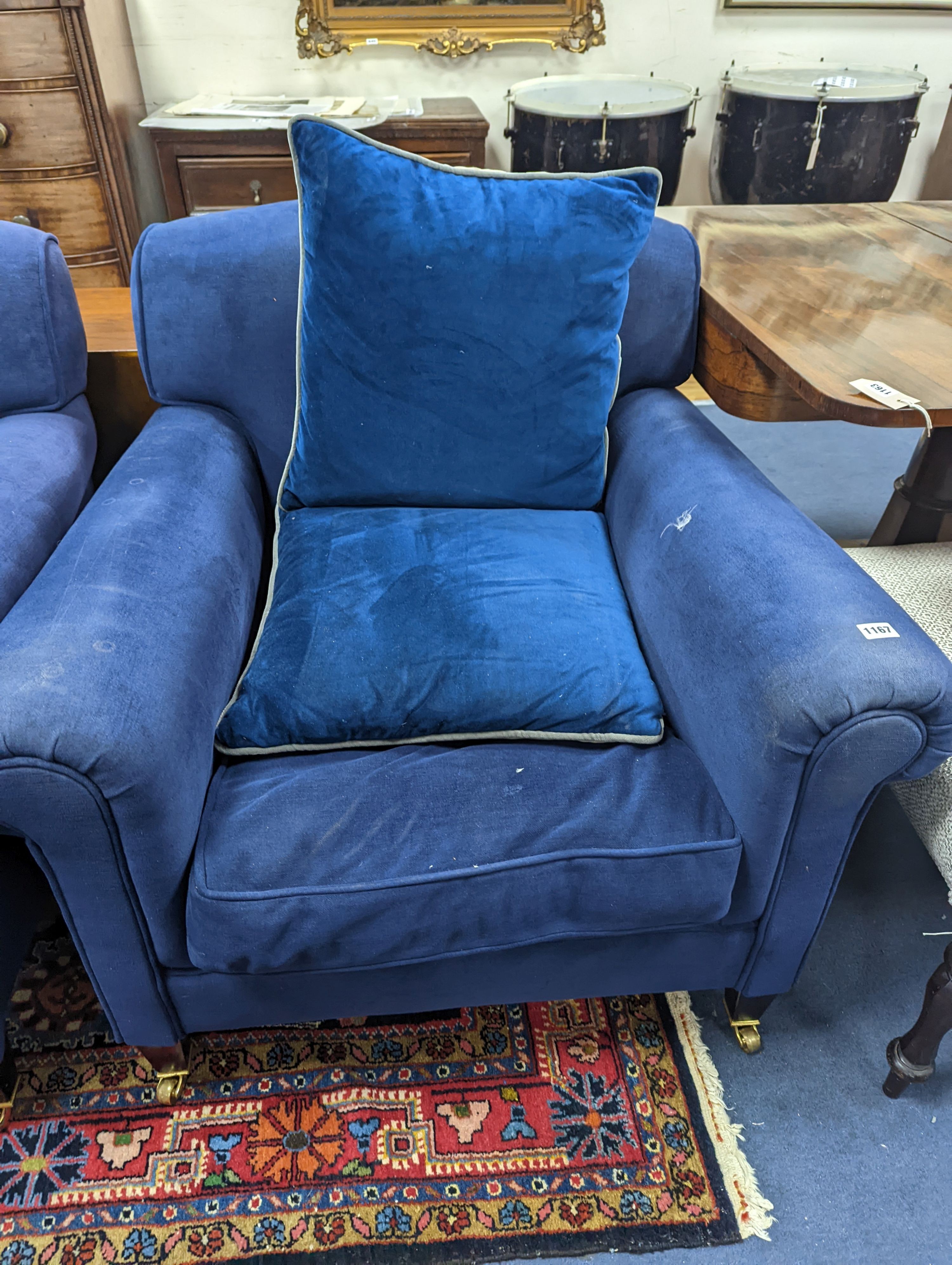 A pair of George Smith blue fabric armchairs, width 90cm, depth 100cm, height 80cm